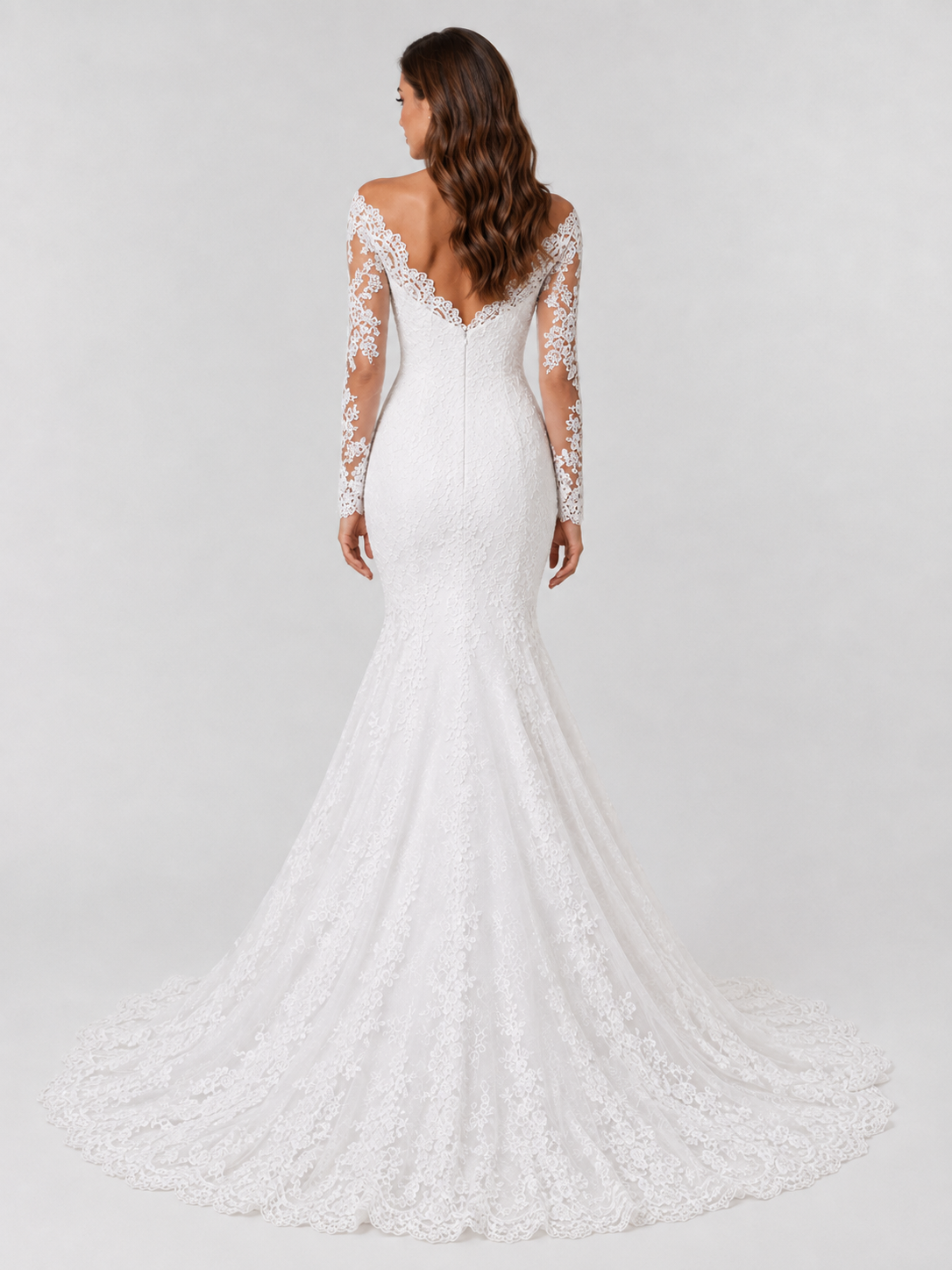 Elegant Off-the-Shoulder V-Neck Long-Sleeve Lace Mermaid Wedding Dress with Sweep Train