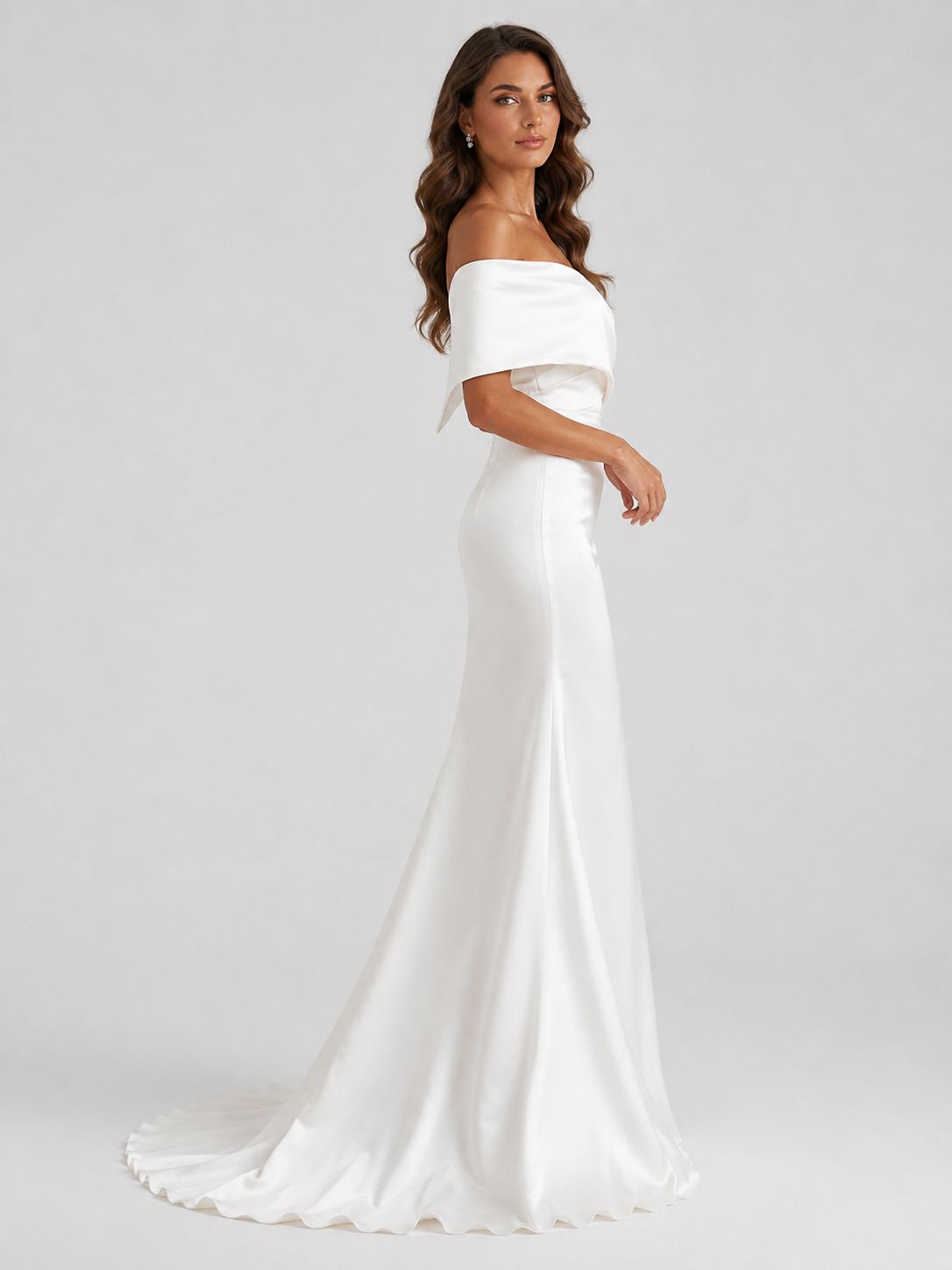 Elegant Off-the-Shoulder Draped Satin Sheath Wedding Dress with Detachable Overskirt and Chapel Train