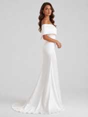 Elegant Off-the-Shoulder Draped Satin Sheath Wedding Dress with Detachable Overskirt and Chapel Train