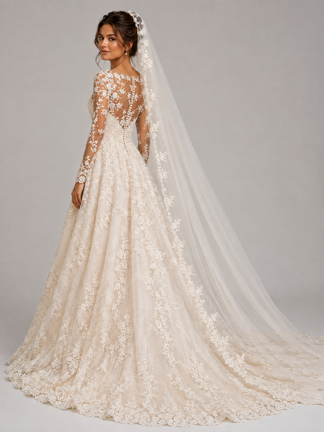 Elegant Illusion Long-Sleeve Lace Applique A-Line Wedding Dress with Chapel Train