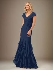 Dark Navy Chiffon V-Neck Short Sleeves Floor Length Dress