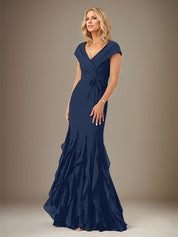 Dark Navy Chiffon V-Neck Short Sleeves Floor Length Dress