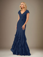 Dark Navy Chiffon V-Neck Short Sleeves Floor Length Dress