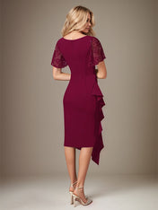 Burgundy Stretch Crepe V-Neck Short Sleeves Tea-Length Dress