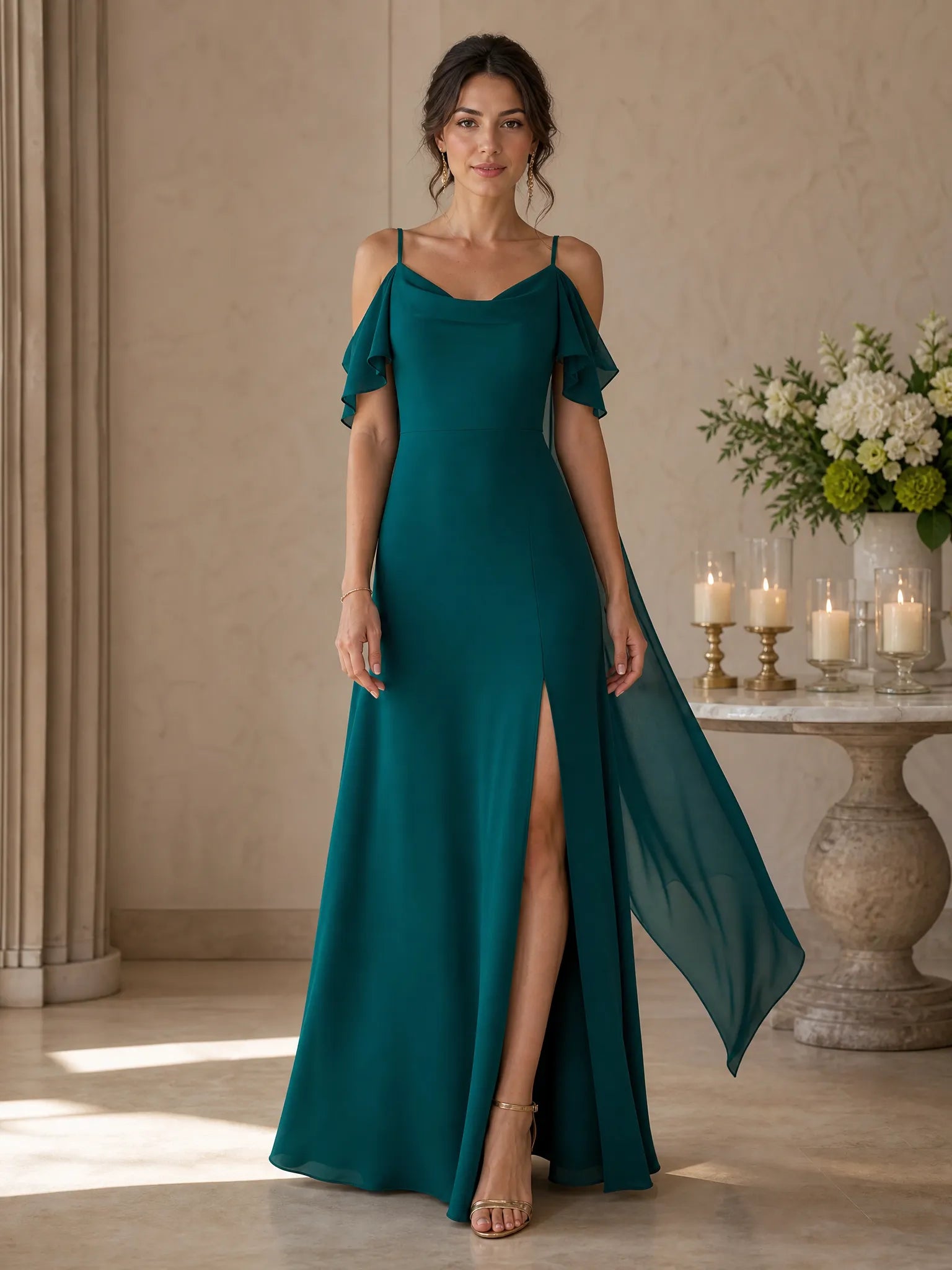 Dark Teal Cold-Shoulder Evening Dress with Cowl Neck and High Slit
