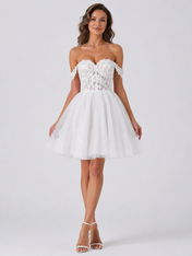 Romantic Off-the-Shoulder Lace Tulle A-Line Short Wedding Dress