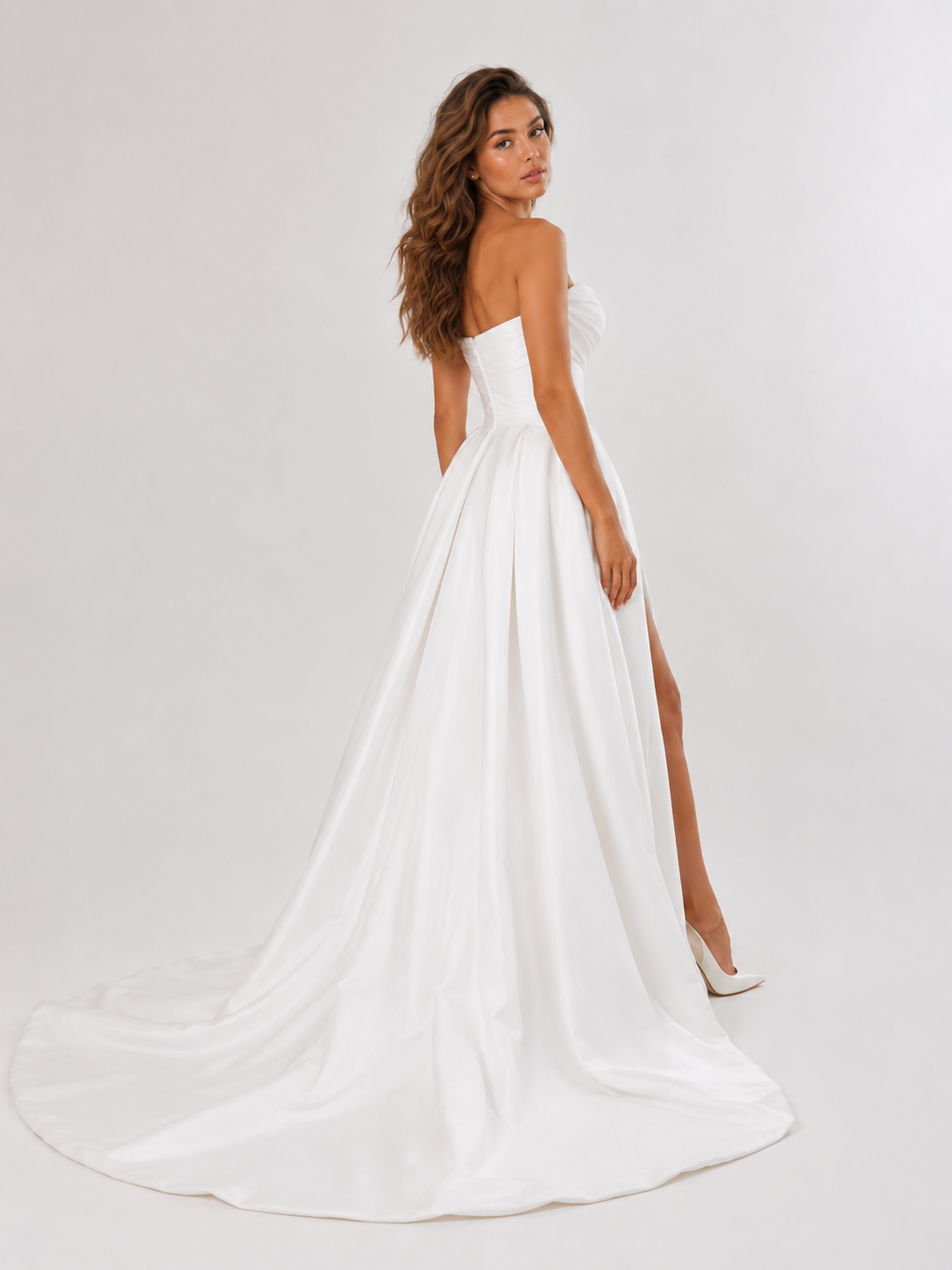 Elegant Off-the-Shoulder Ruched Satin A-Line Wedding Dress with High Slit and Chapel Train