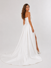 Elegant Off-the-Shoulder Ruched Satin A-Line Wedding Dress with High Slit and Chapel Train