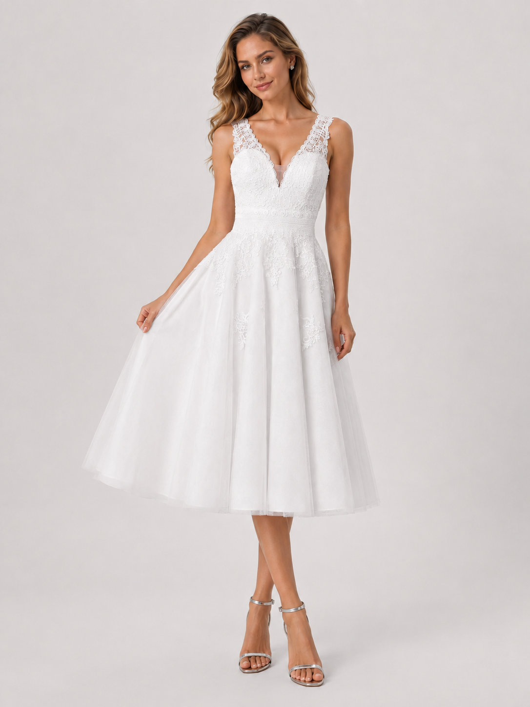 Elegant V-Neck Lace Appliqued Midi A-Line Wedding Dress