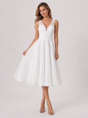 Elegant V-Neck Lace Appliqued Midi A-Line Wedding Dress