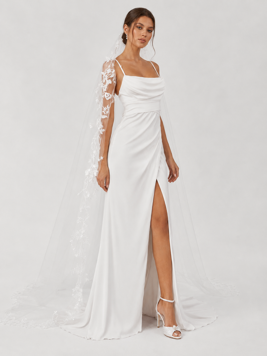 Elegant Cowl Neck Satin Sheath Wedding Dress with Bow Back, High Slit, and Sweep Train