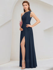 Dark Navy A-Line One Shoulder Floor-Length Lace Chiffon Bridesmaid Dress