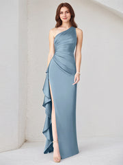 Steel Blue Satin One Shoulder Sleeveless Asymmetrical Length Dress With High Slit