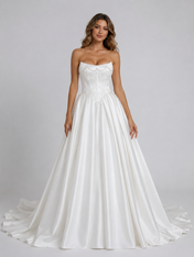 Elegant Strapless Corset Satin A-Line Wedding Dress with Chapel Train