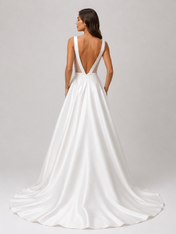 Elegant Scoop Neck Satin A-Line Wedding Dress with Pockets and Chapel Train
