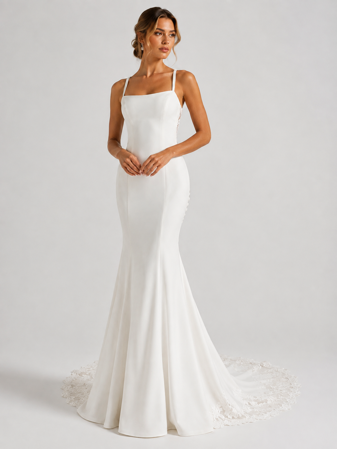 Elegant Spaghetti Strap Satin Sheath Wedding Dress with Lace Illusion Back and Chapel Train