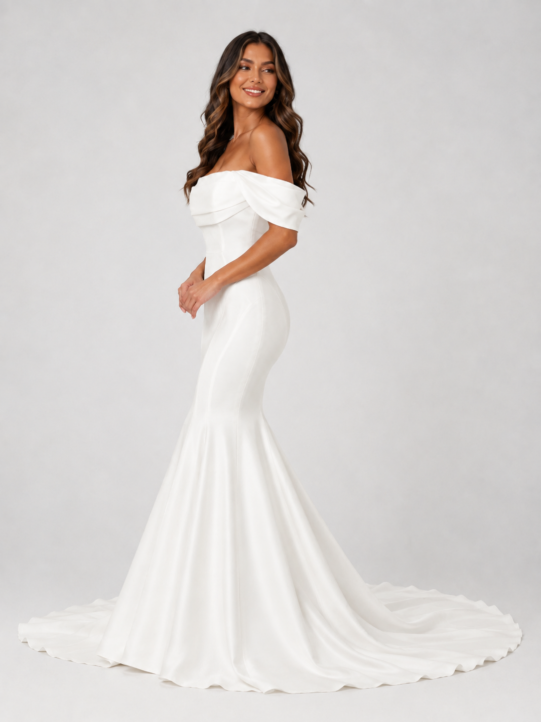 Elegant Off-the-Shoulder Draped Satin Mermaid Wedding Dress with Chapel Train