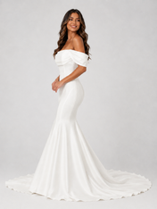 Elegant Off-the-Shoulder Draped Satin Mermaid Wedding Dress with Chapel Train