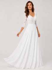 Elegant V-Neck Lace Bodice Chiffon A-Line Wedding Dress with Sweep Train