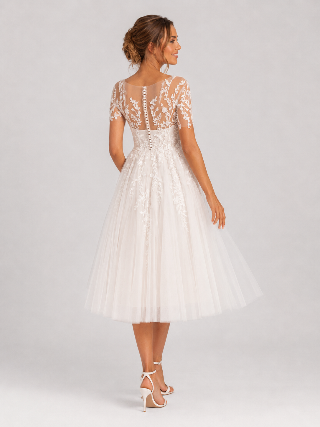 Elegant Short Sleeve Illusion Sweetheart Lace Tea-Length Wedding Dress with Button-Back Detail