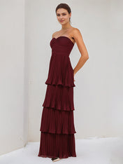 Burgundy Chiffon Sweetheart Neck Sleeveless Floor Length Dress With Cascading Ruffles