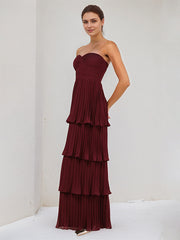 Burgundy Chiffon Sweetheart Neck Sleeveless Floor Length Dress With Cascading Ruffles