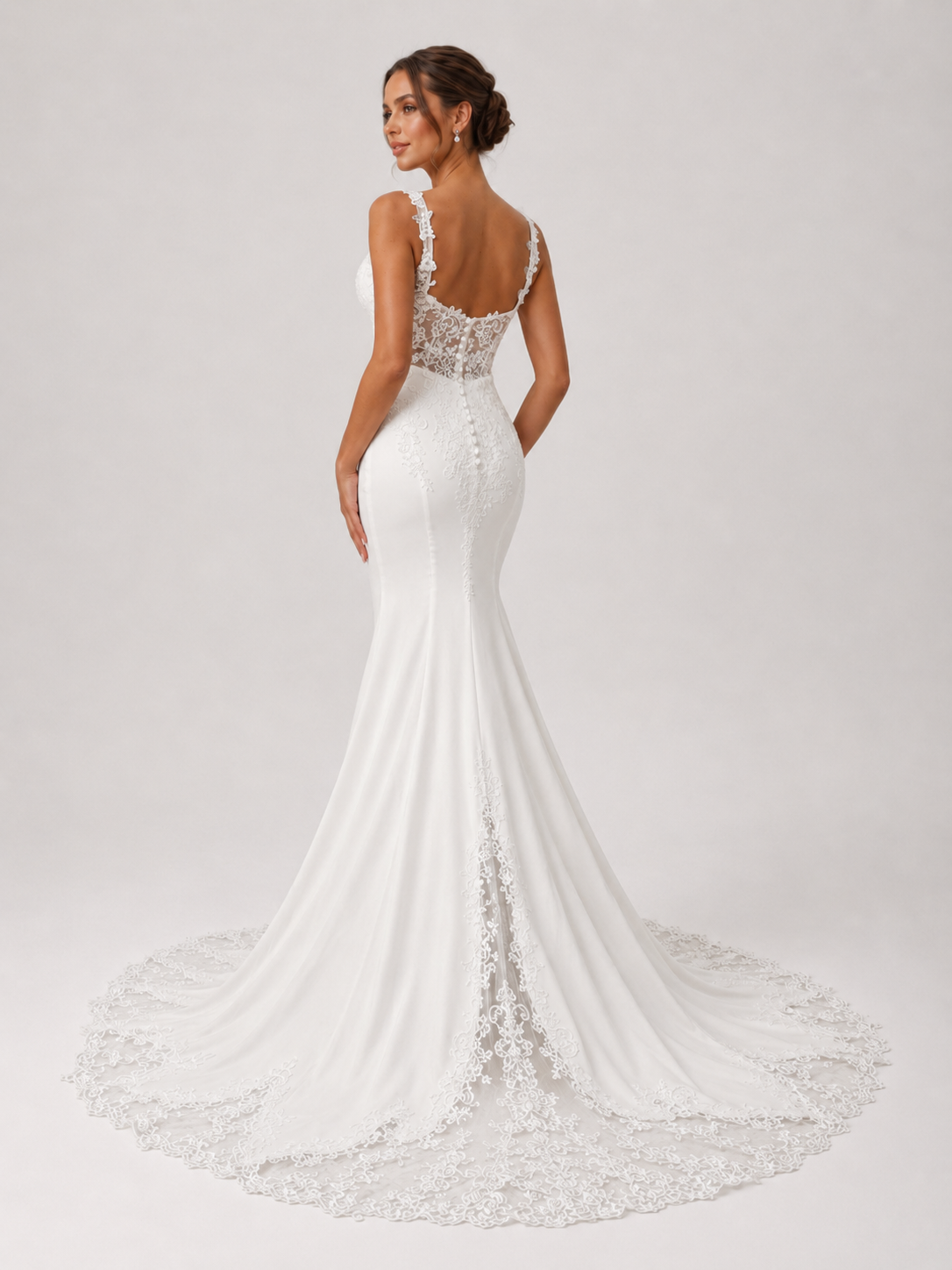 Elegant Spaghetti Strap Lace Applique Satin Mermaid Wedding Dress with Chapel Train
