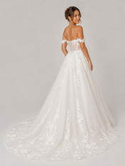 Elegant Off-the-Shoulder Lace Appliquéd Tulle A-Line Wedding Dress with Chapel Train