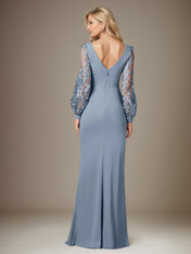 Dusty Blue Stretch Crepe Round Neck Long Sleeves Floor Length Dress With Appliques