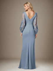 Dusty Blue Stretch Crepe Round Neck Long Sleeves Floor Length Dress With Appliques
