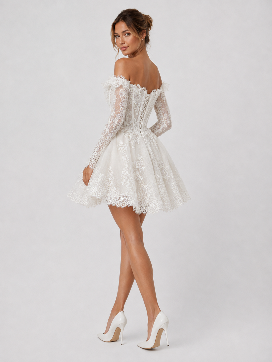 Elegant Off-the-Shoulder Lace Corset Mini Wedding Dress with Long Sleeves and Lace-Up Back