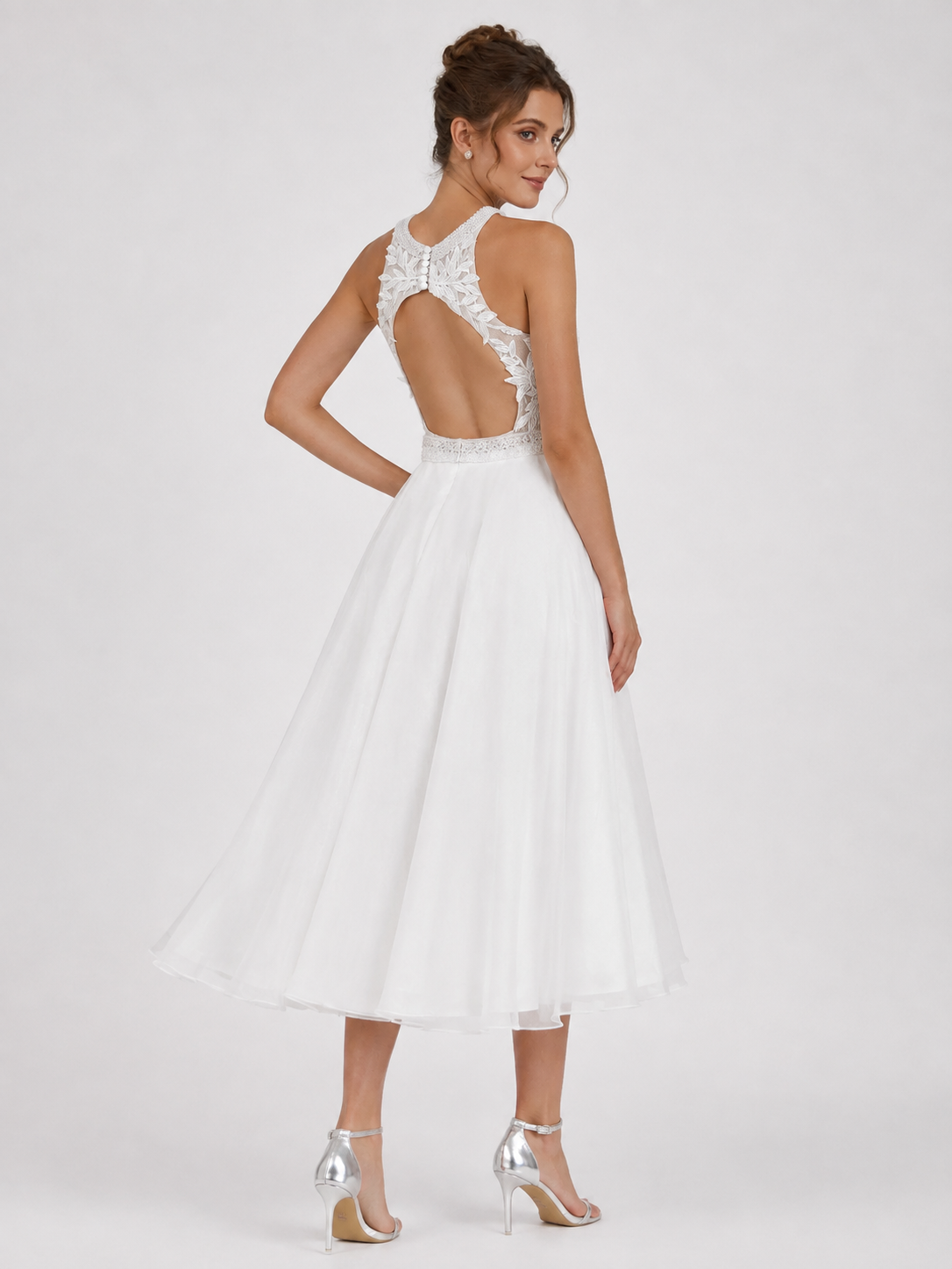 Elegant Halter Neck Lace Applique Midi Wedding Dress