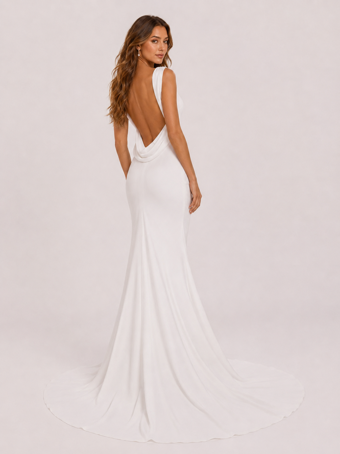 Elegant Square Neck Cowl Back Satin Mermaid Wedding Dress with Chapel Train
