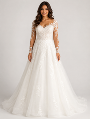 Elegant Long-Sleeve Lace Applique Tulle A-Line Wedding Dress with Chapel Train