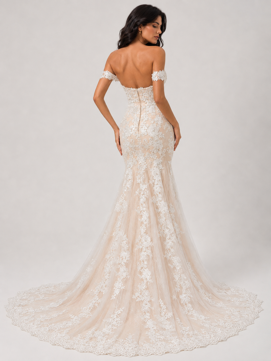 Elegant Off-the-Shoulder Lace Applique Mermaid Wedding Dress with Chapel Train