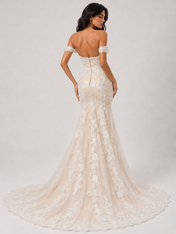 Elegant Off-the-Shoulder Lace Applique Mermaid Wedding Dress with Chapel Train