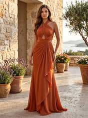 Rust Orange Halter Cutout Ruffle Evening Dress with High Slit