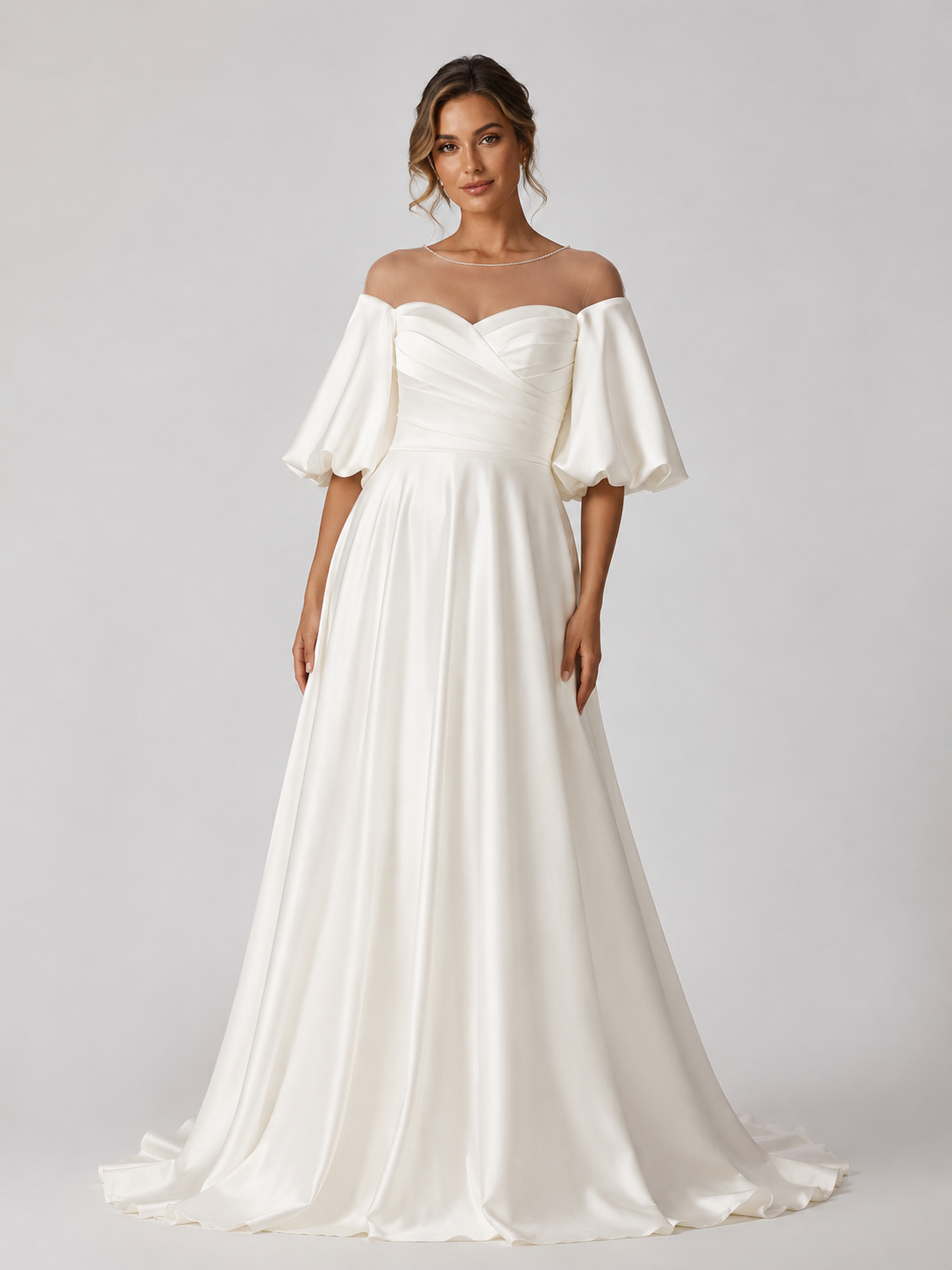 Elegant Off-the-Shoulder Ruched Satin A-Line Wedding Dress with Puff Sleeves and Sweep Train