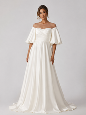 Elegant Off-the-Shoulder Ruched Satin A-Line Wedding Dress with Puff Sleeves and Sweep Train