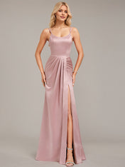 Dusty Rose Trumpet/Mermaid Spaghetti Straps Floor-Length Satin Bridesmaid Dress With Ruched