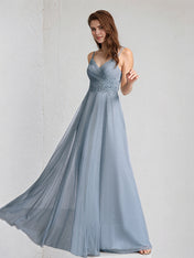 Dusty Blue A-Line V-Neck Floor-Length Lace Tulle Bridesmaid Dress