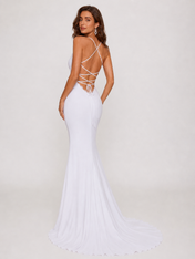 Elegant Spaghetti Strap Lace-Trimmed Satin Sheath Wedding Dress with Sweep Train