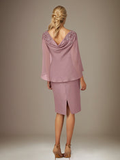 Mauve Sheath/Column Chiffon Bateau Neck Cape Sleeves Knee Length Dress