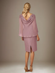 Mauve Sheath/Column Chiffon Bateau Neck Cape Sleeves Knee Length Dress With