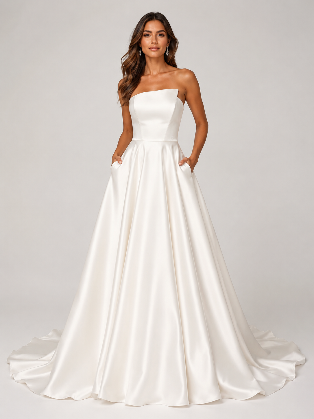 Elegant Strapless Straight-Neck Satin A-Line Wedding Dress with Pockets and Chapel Train