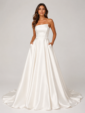 Elegant Strapless Straight-Neck Satin A-Line Wedding Dress with Pockets and Chapel Train