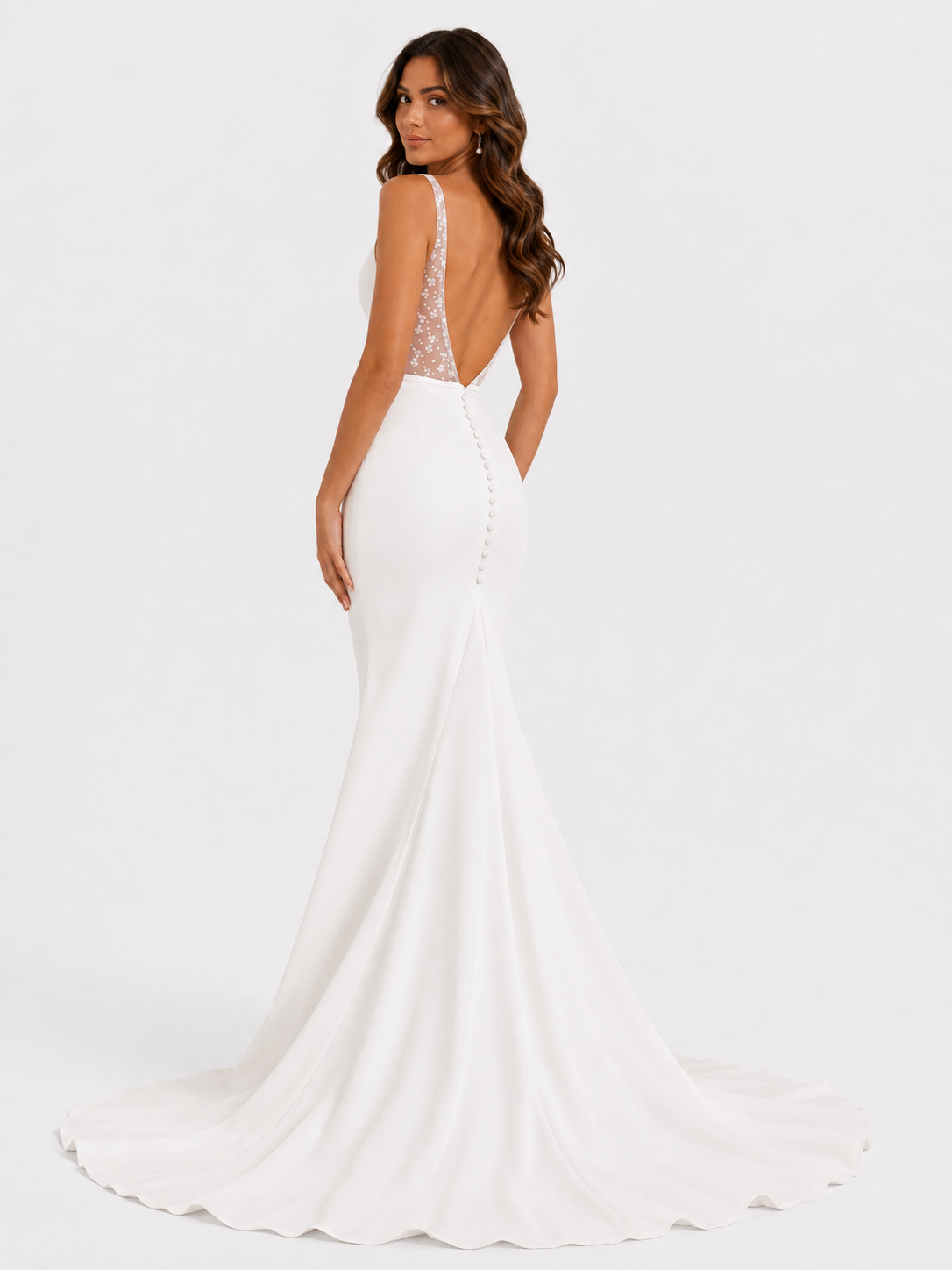 Elegant V-Neck Sheer Illusion Back Satin Mermaid Wedding Dress with Chapel Train