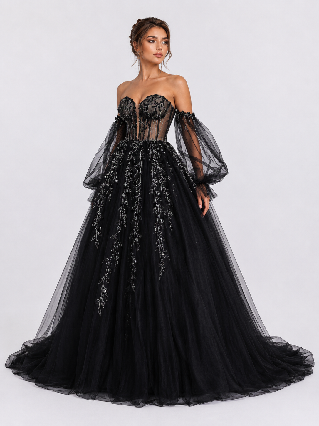 Elegant Off-the-Shoulder Beaded Lace Applique A-Line Wedding Dress with Chapel Train