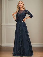 A-line Scoop Illusion Floor-Length Tulle Lace Mother of the Bride Dress With Sequins