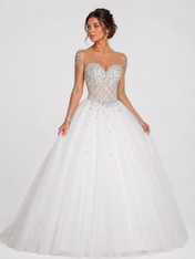 Beaded Illusion Long Sleeve Tulle A-Line Wedding Dress with Sweep Train
